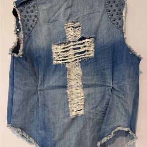Mono B Blue Denim Vest with Distressed Cross